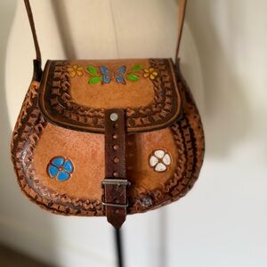 VTG Leather Hand Painted/Tooled Crossbody Shoulder Bag~Butterfly & Floral Boho